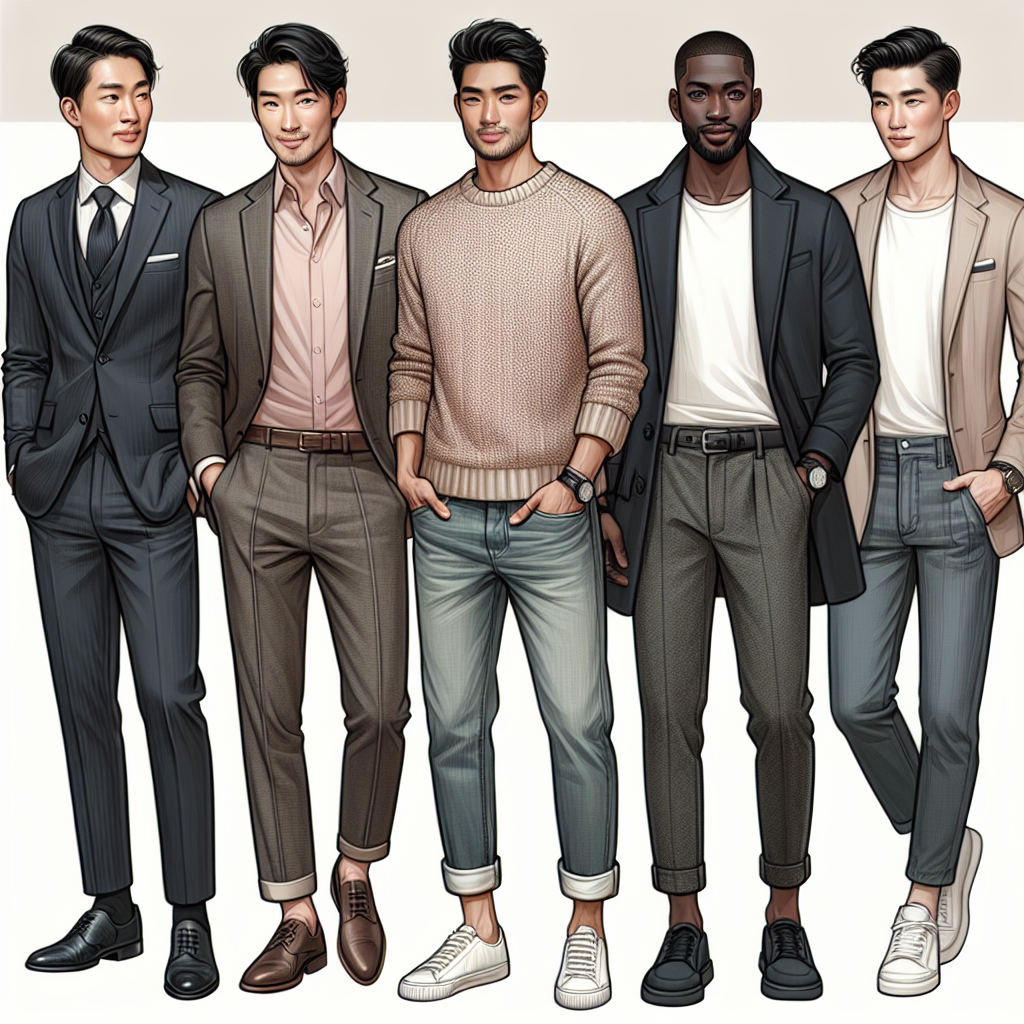 Effortless Date Outfits for Men: Must-Have Styles! Imagine a high-resolution illustration showcasing a variety of date outfits for men, demonstrating diverse styles and fashions. In the foreground, an East Asian man in a tailored suit with dark tones. Nearby, a Hispanic man donning a smart-casual outfit featuring a stylish sweater and jeans. In the background, a Black man wearing a trendy ensemble consisting of a pastel-toned blazer and chinos. Lastly, a Middle Eastern man expertly styled in a classic jeans and t-shirt combo, accentuated with fashionable accessories. All these representations should depict the varying ways a man can style himself for a date, exuding both confidence and comfort.