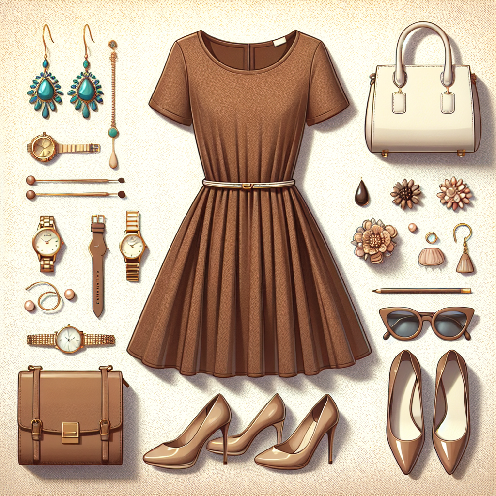 What Colour Accessories to Match Your Brown Dress: Must-Have Guide Visualize an image for an illustrative guide on how to coordinate various accessories with a brown dress. The image could specifically involve several clothing items and accessories displayed over a natural, light-colored background. Feature a neatly arranged, fashionable brown dress at the center. Surround the dress with different color accessories which complement the brown color. These may include a pair of turquoise earrings, a cream-colored handbag, a golden watch on the left, and possibly Champagne pink heeled shoes on the bottom. The accessories' arrangement should suggest optimal matching strategies for a coordinated, stylish look.