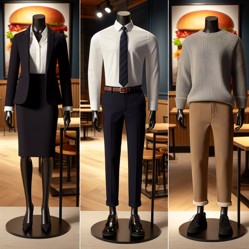 Must-Have Outfits for a Taco Bell Interview Showcase a set of three professional outfits suitable for a job interview at a fast-food restaurant, specifically emphasizing Taco Bell. The first outfit is for a Black woman, which includes a well-fitted blazer and a matching skirt in the color of navy blue, a white blouse, and a pair of black closed-toe shoes. The second outfit is for a Hispanic man, featuring a white crisp shirt, black chinos, and a pair of black loafers. The last outfit is intended for a Caucasian non-binary person, composed of a gray sweater, khaki pants, and continuing the theme with black closed-toe shoes. Please display all outfits on mannequin figures, against an inviting background.