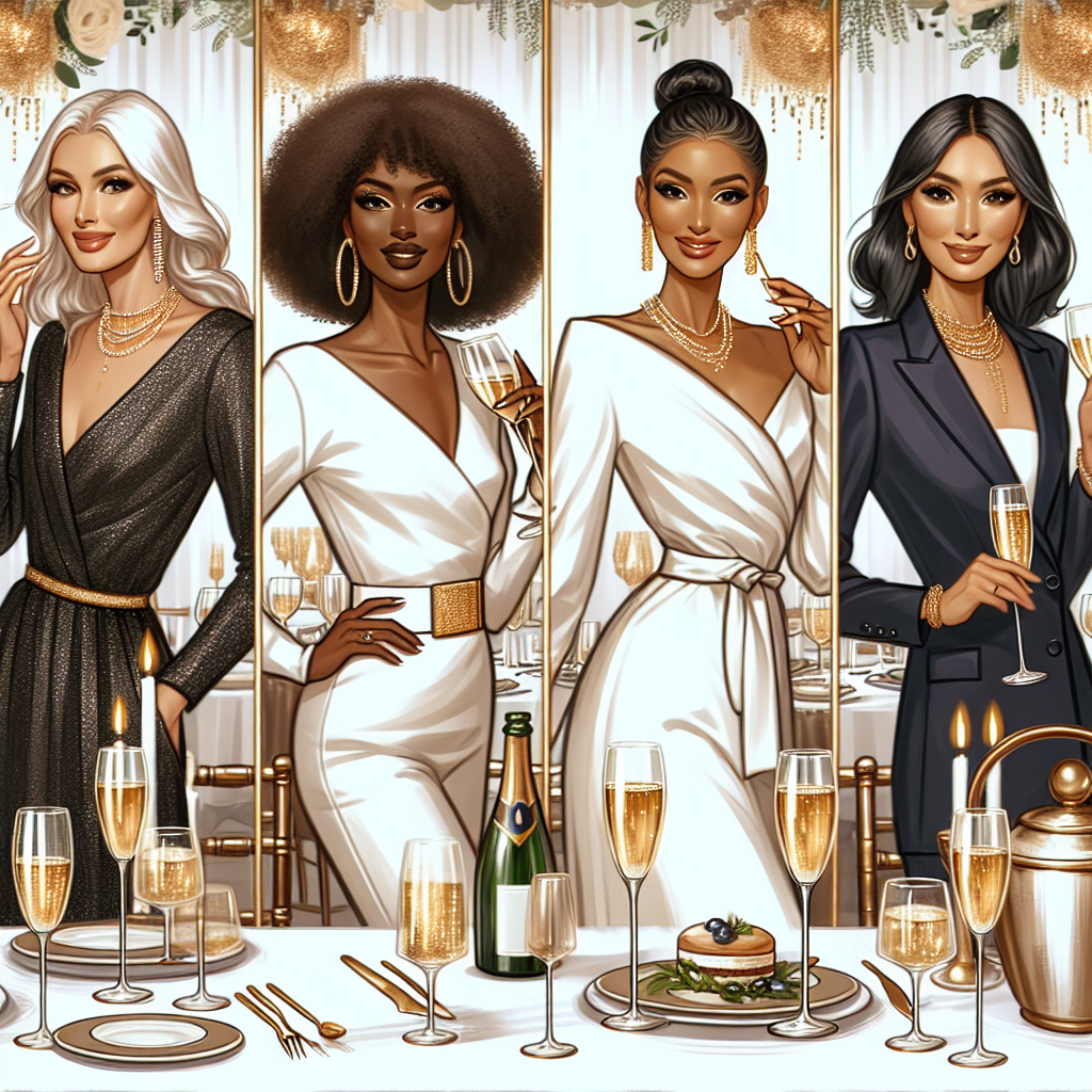 Create a visually engaging representation of an upscale 50th birthday celebration. Picture a beautifully decorated venue with elegant glassware, white tablecloth-draped tables, and subtle golden decorations. A diverse group of four women of different descents (Black, Caucasian, Hispanic, and South Asian) are the center of attention, dressed in stunning outfits. Include a woman of Middle-Eastern descent wearing a chic business attire, sipping champagne. Each outfit represents effortless style&mdash;sophisticated cocktail dresses, a bold jumpsuit, a sleek dress-suit, and an elegant evening gown. The birthday attendee's faces show joy and enjoyment as they savor their stylish celebration.