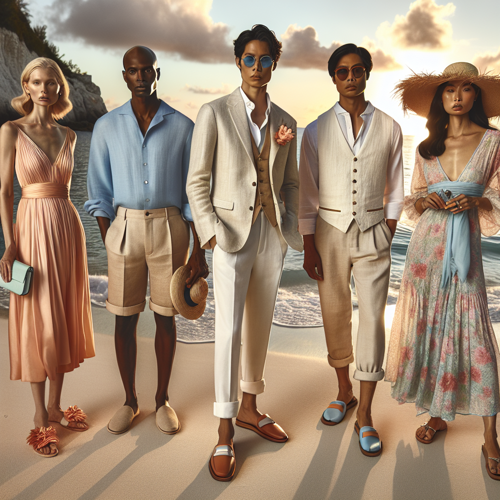 Stunning Beach Wedding Guest Attire: Find Your Perfect Fit! Show an enchanting beach scene set at sunset time. In the foreground, depict a diverse group of wedding guests. Include four individuals: 1) A mature Caucasian woman with a sleek, knee-length peach sundress paired with a straw hat and colorful sandals, holding a small pastel colored clutch. 2) A young, black man in a light-colored linen suit with a bright blue shirt, barefoot with his pant legs rolled up and sunglasses in his hand. 3) An older South Asian man dressed in a white short kurta, beige pants and comfortable loafers. And 4) A determined middle-aged Hispanic woman in a floral maxi dress, with a wide-brimmed hat and strappy sandals, holding a pair of sunglasses. All of them standing on the soft sand, with a gentle sea breeze rustling their outfits, portraying varied yet perfectly fitting beach wedding guest attire.