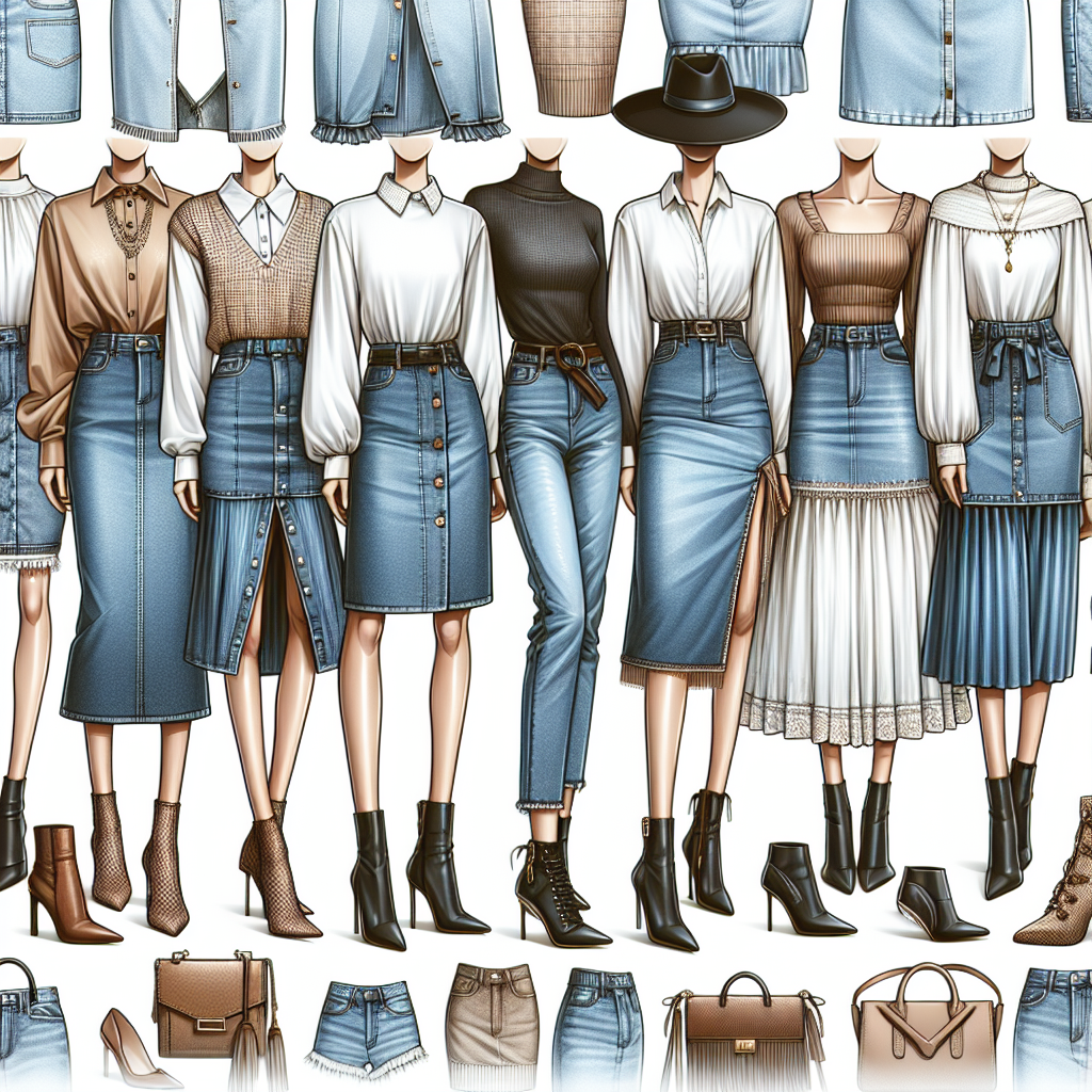 A detailed fashion array showcasing a collection of stunning outfits composed of denim skirts. The collection should span across different styles, from casual and edgy to elegant and chic. Each outfit can be paired with items such as fitted blouses, oversized sweaters, ankle boots, or high heels, reflecting the dynamic versatility of denim skirts. Make sure to include a variety of body types, empathy towards real human body measurements, and diversity in skin color. Accessorize the looks with tasteful jewelry, stylish hats, and trendy handbags. Have all these stylish outfits neatly arranged in a boutique-like setting.