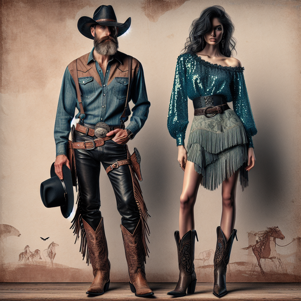 Rodeo Ready: Find Your Perfect Outfit Now! Imagine a clothing showcase meant for a rodeo event. There's a mix of traditional and contemporary outfits. Visualize a Caucasian male with a grizzled beard in a denim shirt, leather chaps and cowboy boots, with a stetson held high in his right hand. Also, imagine a Black female in a modern twist to the rodeo attire, wearing a turquoise sequined blouse, fringed skirt, and cowboy boots, her hand resting on her hip. They are both standing in front of a rustic backdrop, ready for the rodeo.