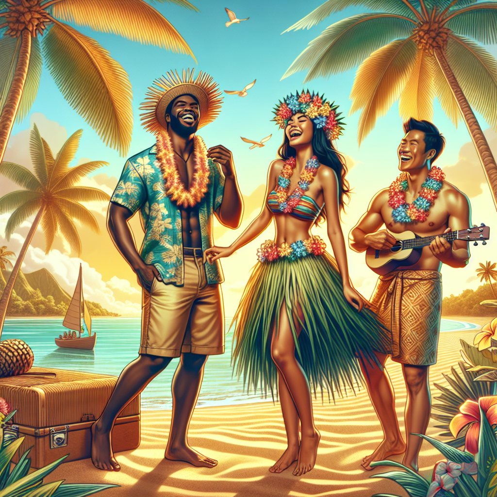 Visualize a tropical scene showcasing a variety of luau outfits. In the image, three people are enjoying the vibrant beach party. One person is a Black man wearing a classic Hawaiian shirt, khaki shorts, and a straw hat. Next to him, a Hispanic woman in a colourful hula skirt and a floral lei is laughing. A little distance away, an Asian man plays a ukulele, dressed in a traditional Polynesian sarong and a garland of flowers around his neck. Around them, radiant palm trees sway gently in the sea breeze, completing the blissful tropical atmosphere.
