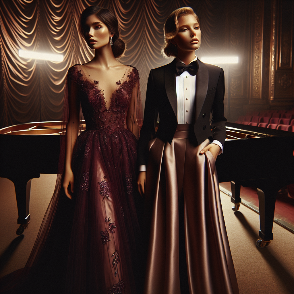 Stunning Symphony Styles: Effortless Elegance for Women A captivating image capturing the elegance of women at a symphony. It shows two women of different descents, Hispanic and Caucasian, both elegantly dressed in symphony attire. One wears a long, flowing burgundy gown with delicate embroidery while the other is clad in a chic black suit with a satin bow tie. Together, they emanate an aura of sophistication and refined taste. The backdrop consists of rich velvety curtains, and in the distance, we see the shimmering grand piano, waiting silently for the maestro's touch. Subtle, warm lighting illuminates the scene, accentuating the details and rendering a sense of effortless elegance.