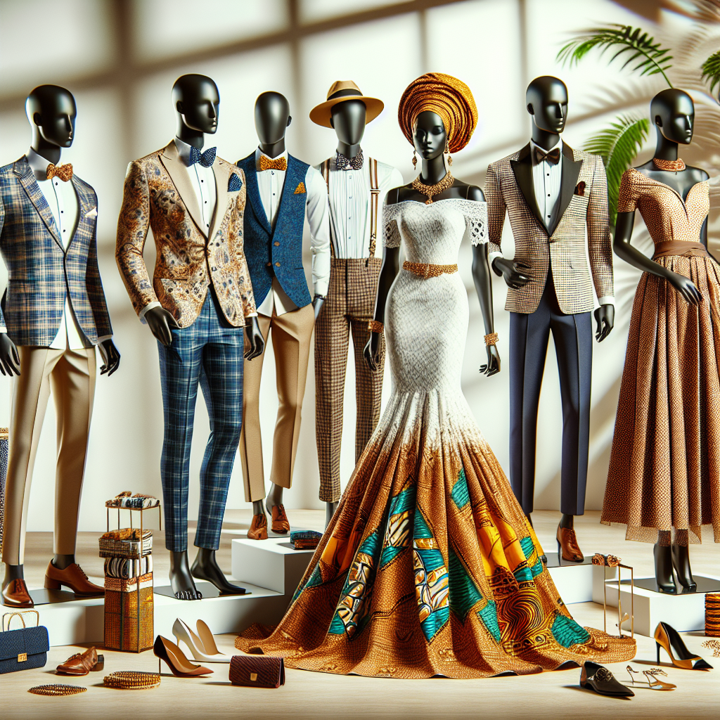 Must-Have Outfits for Wedding Welcome Parties A fashion-oriented scene displaying must-have outfits for different wedding welcome parties. The display comprises of a stylish suit for a sophisticated Caucasian man, a fashionable lehenga for a South Asian woman, a beautiful African Ankara print dress for a Black woman, an elegant qipao for an East Asian woman, an attractive Guayabera for a Hispanic man, and a dapper Tuxedo for a Middle Eastern man. The attire is complemented by appropriate accessories, footwear, and small touches of customization like bow ties, pocket squares, jewelry, and the like. The garments are spread out upon stylish mannequins placed against an elegant backdrop.