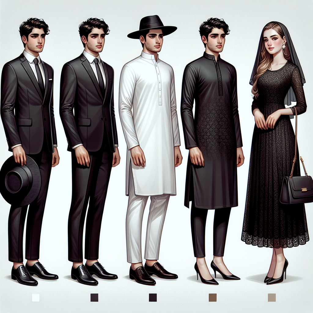 A comprehensive visual guide on funeral attire, illustrating refined and respectful outfit choices for both men and women. On the left, depict a well-groomed Middle-Eastern man in a formal dark suit, white shirt and neatly knotted black tie, holding a stylish, yet somber black fedora hat. Centre the image with a handsome South-Asian man in a tasteful black kurta and white trousers, representing traditional ethnic wear. Towards the right, showcase a confident Caucasian woman in a graceful black midi dress, paired with subtle jewelry and a veil. Also, include a classic pair of black pumps and a tasteful clutch purse as suggested accessories.