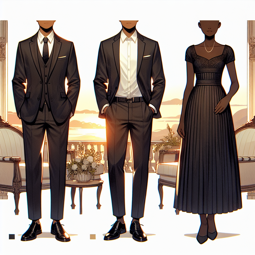 What to Wear to a Memorial: Elegant, Respectful Choices Imagine a scene illustrating elegant and respectful clothing choices for a memorial. Visualize a selection of attire suitable for both genders. Picture a South Asian man in a well-tailored dark suit with a white shirt, and a black woman in a modest, yet stylish black dress. Include finer details such as a black tie for the man and subtle jewelry for the woman. The background should portray a calm, peaceful environment to reflect the solemn occasion such as a soft sunset or an ornate, yet understated indoor setting.
