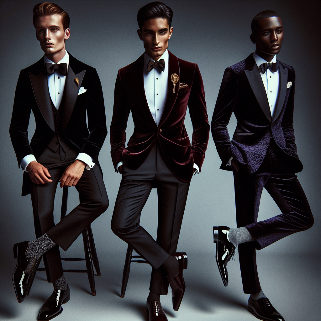 Envision an elegant gala scene with multiple men showcasing stunning attire. The first gentleman is a Caucasian man in a classic black tuxedo with a silk bow tie, his hair slicked back in a vintage style. The second person is a South Asian man donned in a rich velvet burgundy dinner jacket paired with a crisp white shirt and a gold pocket square. Lastly, the third person is a Black man wearing a sophisticated midnight blue three-piece suit, accessorized with a silver tie and matching cufflinks. As a unifying element, all of them wear patent leather oxford shoes. Their effortless elegance exudes confidence and charm.