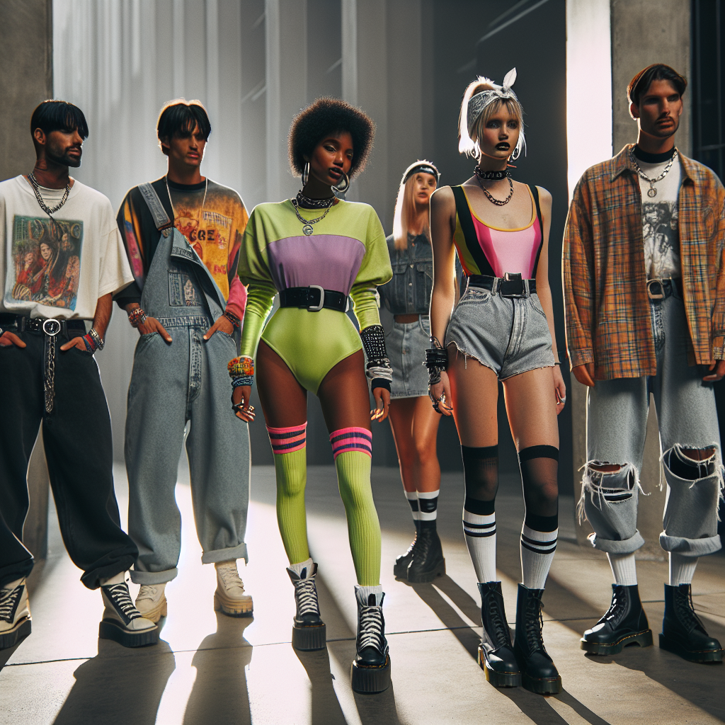 What to Wear to a 90s Party: Effortless, Iconic Styles Aptly epitomizing the quintessential fashion aesthetics of the 1990s. In the scene, there are several individuals, making bold fashion statements that reverberate with the 90s era. A Caucasian man in an oversized graphic t-shirt, baggy jeans and chunky sneakers. A Black woman sporting vibrant neon colors, wearing a bodysuit, high waisted shorts, knee-high socks, and a bandana. A Hispanic man, stylish in a distinctive grunge look: torn jeans, plaid shirt tied around the waist, and a band T-shirt. A South Asian woman in a classic 90s slip dress, a choker necklace, and Dr. Martens boots, perfectly embodying the minimalist 'less is more' aesthetic of the era. The atmosphere is upbeat and nostalgic.