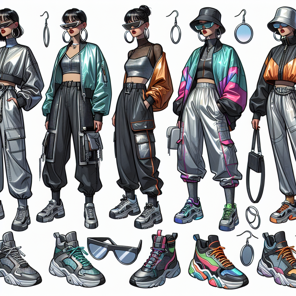 Must-Have Outfits for a Missy Elliott Concert Design an eclectic array of outfits appropriate for attending a hip-hop concert. The first outfit should be a striking ensemble featuring oversized jeans and a metallic bomber jacket. Add large hoop earrings and chunky sneakers, capturing an early 2000s vibe. The second outfit channels a futuristic aesthetic, with sleek leggings, a reflective crop-top, and high-top sneakers. Accessorize with angular sunglasses and a neon-colored crossbody bag. The third outfit embodies 90s Hip-Hop style. Include baggy cargo pants, a colorful windbreaker, and sneakers with gleaming shoelaces. Finish this look with a bucket hat. Render these outfits on a variety of body shapes to ensure inclusivity.