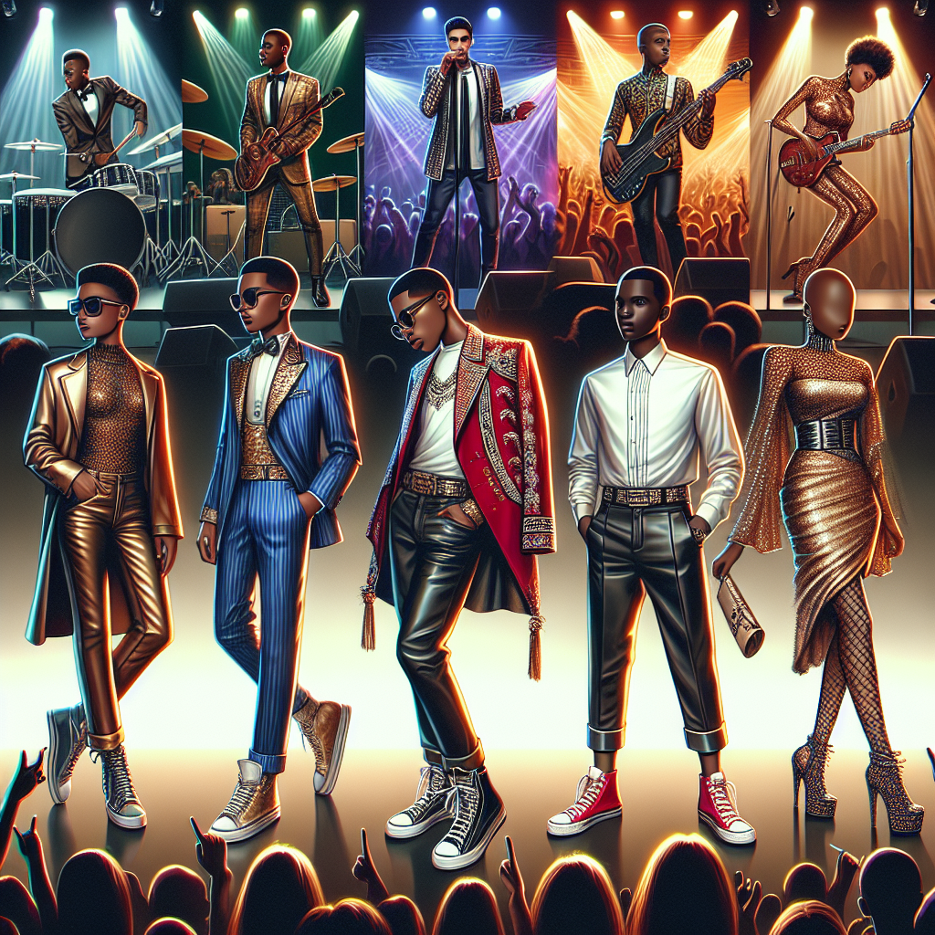 Stunning Outfits for Justin Timberlake Concert! Create a captivating scene that showcases an array of stunning outfits suitable for attending a pop music concert. The image should include a sharp ensemble for a Hispanic man, a stylish outfit for a Black woman, and a trendy dress for a Middle-Eastern woman. Each outfit should encapsulate the energy of a live music event, with shiny fabrics, eye-catching accessories, and stylish footwear. Bear in mind the vibrant and dynamic atmosphere of the concert, and allow the outfits to reflect the passion and enthusiasm for music.