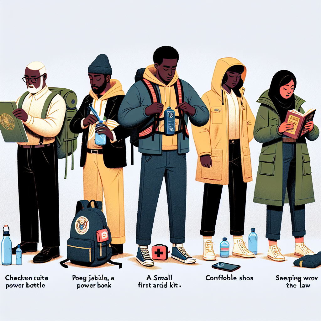 What to Wear to a Rally: Legal Tips & Must-Knows An educational illustration showcasing a diverse group of five individuals preparing for a peaceful rally. The first person, a Middle-Eastern man, is checking his backpack and ensuring it contains a water bottle, power bank, and small first aid kit. The second person, a Black woman, is donning a jacket with visible pockets, useful for carrying essentials. The third person, a Hispanic man, is holding up a raincoat, suggesting the importance of preparing for all weather conditions. The fourth person, a South Asian woman, is putting on comfortable shoes for walking, seeping with wisdom about comfort. The last person, a Caucasian woman, is holding a legal guidebook, reminding us of the importance of knowing the law.
