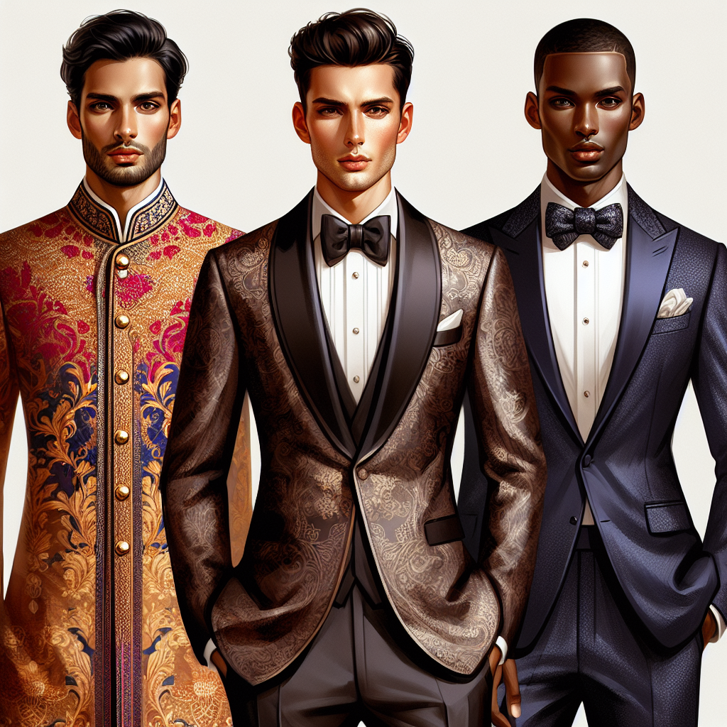 Stunning Wedding Guest Attire for Men: Must-See Looks Visualize a fashionable, high-quality collection of men's wedding guest attire. The image should showcase three distinct ensembles. The first ensemble is a dapper looking South Asian man in a richly detailed, vibrant sherwani. The second features a sophisticated White man wearing a classic black tuxedo with a sleek bowtie. Lastly, a dashing Black man in a sleek dark blue suit with a crisp white shirt and a trendy pocket square. Each attire should exude elegance, class and befitting for a grand wedding.