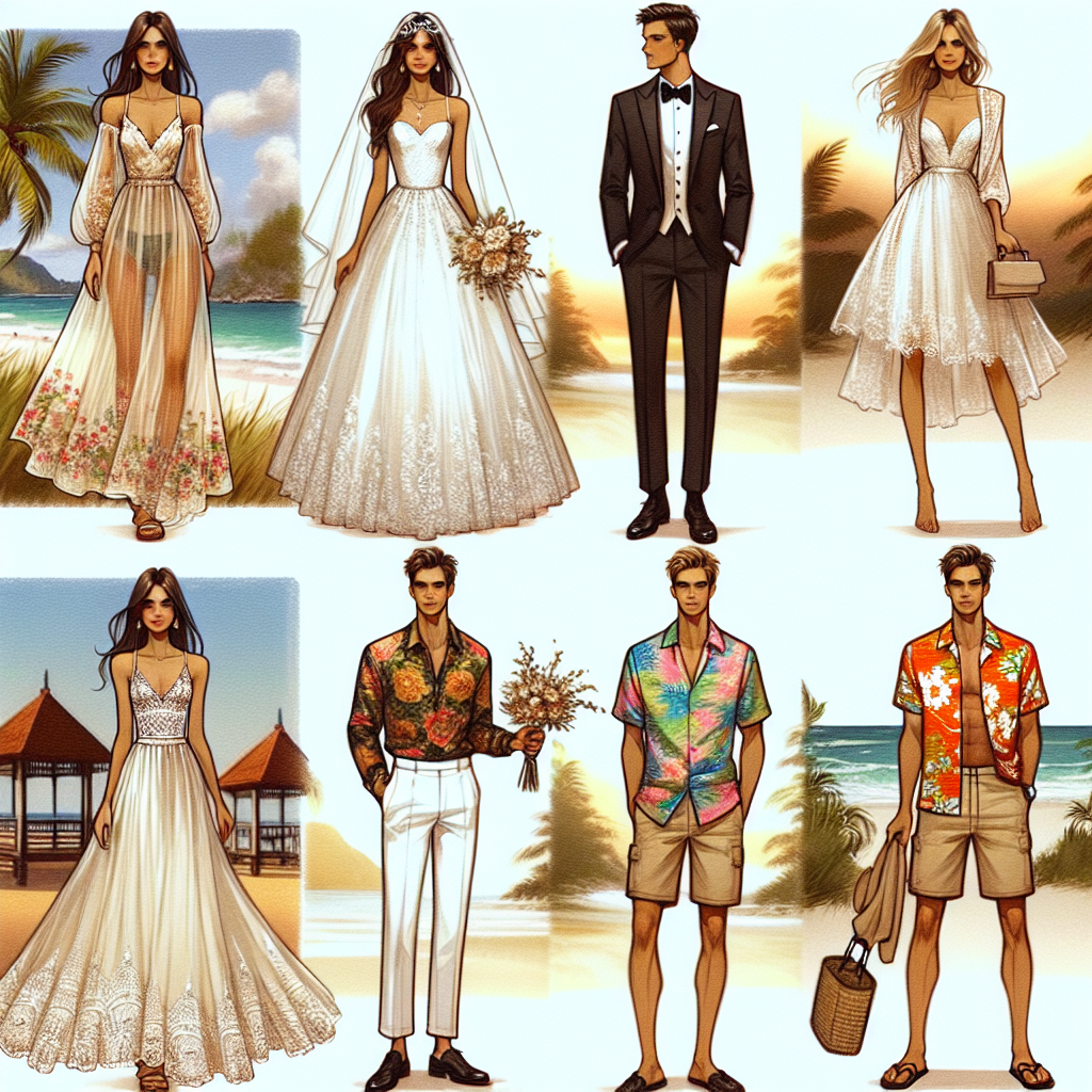 Must-Have Outfits for a Florida Wedding: Effortless Style Imagine a collage featuring four different outfits ideal for a wedding in Florida. The first ensemble should be an airy summer dress with floral motifs, appropriate for a guest of Middle-Eastern descent. The second outfit should depict a classic, white bridal gown with lace details, worn by a South Asian bride. The third look entails a stylish tuxedo on a Hispanic groom, perfect for a semi-formal wedding. The last outfit can be a colorful Hawaiian shirt paired with khaki shorts, portraying a laid-back Caucasian groom's attire for a beach wedding. The looks should embody effortless style and the warm climate of Florida. Display these outfits against a backdrop of a sandy beach with swaying palm trees to capture the essence of a Florida wedding.