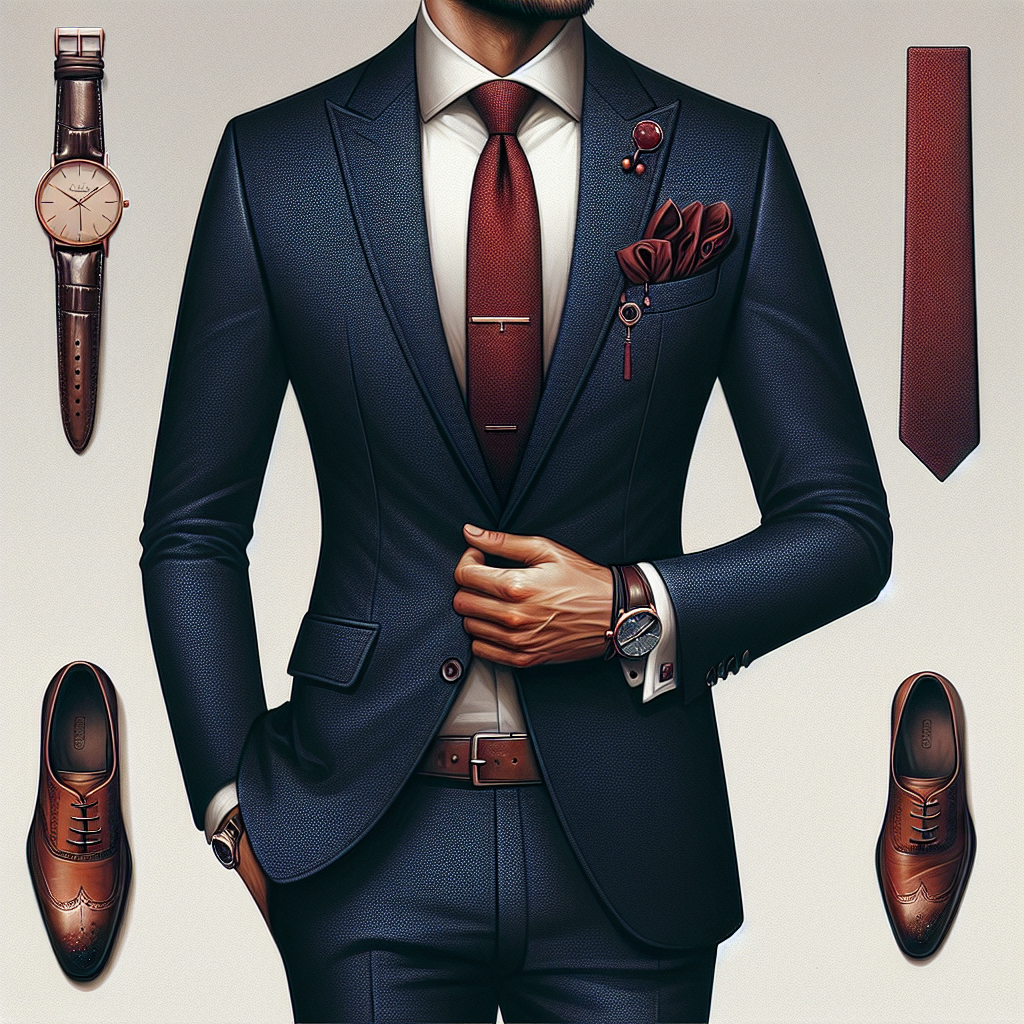 Stunning October Wedding Guest Attire for Men Create a detailed and striking image of a South Asian man dressed in stylish wedding guest attire suitable for an October event. His fashion-forward ensemble includes a bold navy blue slim-fit suit paired with a sleek, deep red tie. A pocket square in a contrasting pattern peeks out from his jacket's breast pocket, adding charm and character. He's wearing refined leather oxford shoes in a rich brown tone that echos the changing leaves of October. His hair is neatly combed back showcasing a pair of elegant cufflinks and a classic wristwatch that completes his sophisticated look.