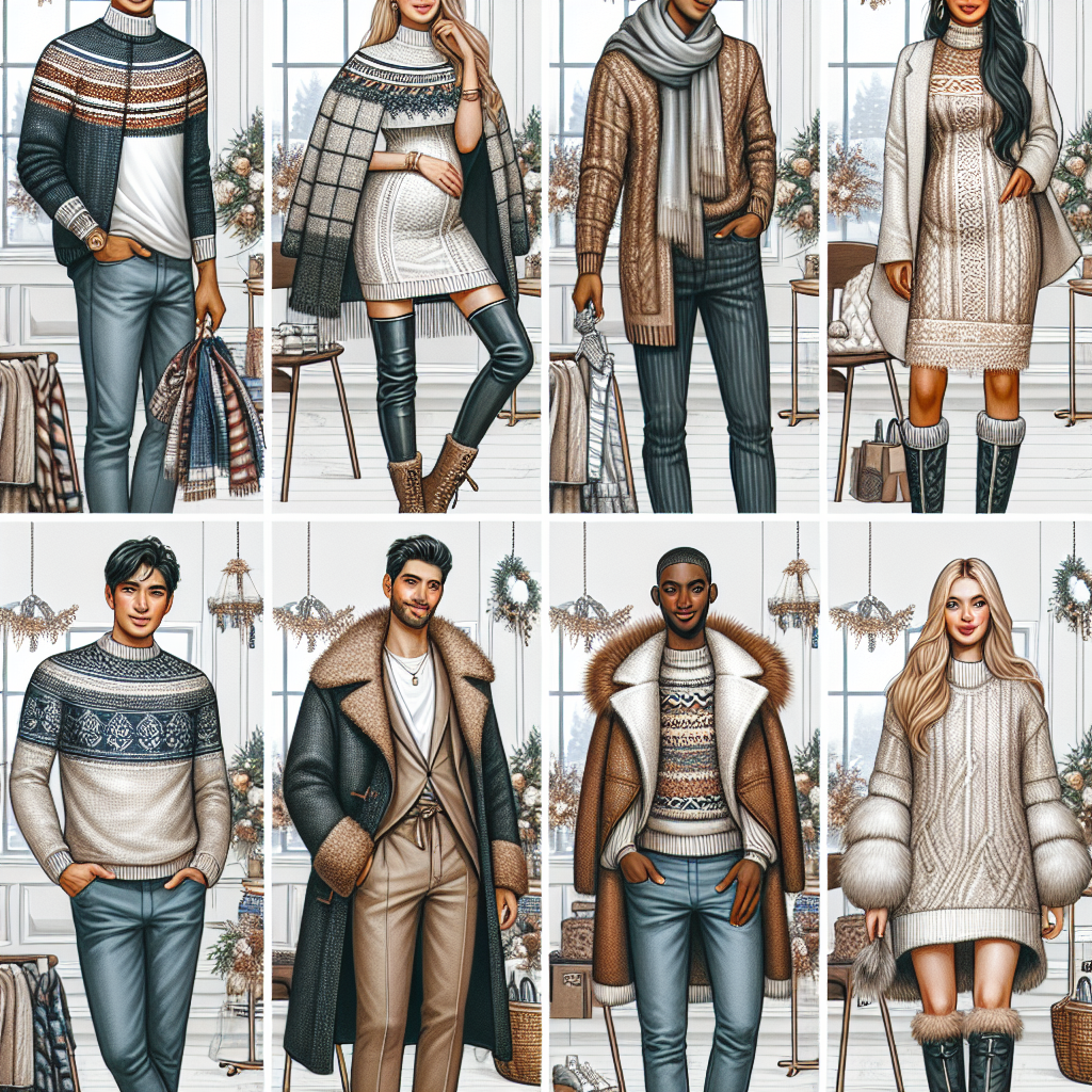 Winter Baby Shower Outfits: Must-Have Guest Styles Imagine an indoor setting, beautifully decorated with winter themes for a baby shower. A group of guests are shown in different trendy winter baby shower outfits, showcasing a variety of must-have styles. Each guest is showcasing a unique fashion, including warm sweaters, elegant dresses, chic boots and stylishly layered outfits. A South Asian man is wearing a lavishly patterned sweater with a scarf. A Caucasian woman is dressed in an elegant knit dress with fur-lined boots. A middle-eastern woman is modeling a stylishly layered outfit topped with a long, open-front, faux-fur coat. A black man sports a smart casual look with a crisp white shirt, pullover, jeans, and leather boots. Each outfit resonates with the joyous spirit of a winter baby shower.