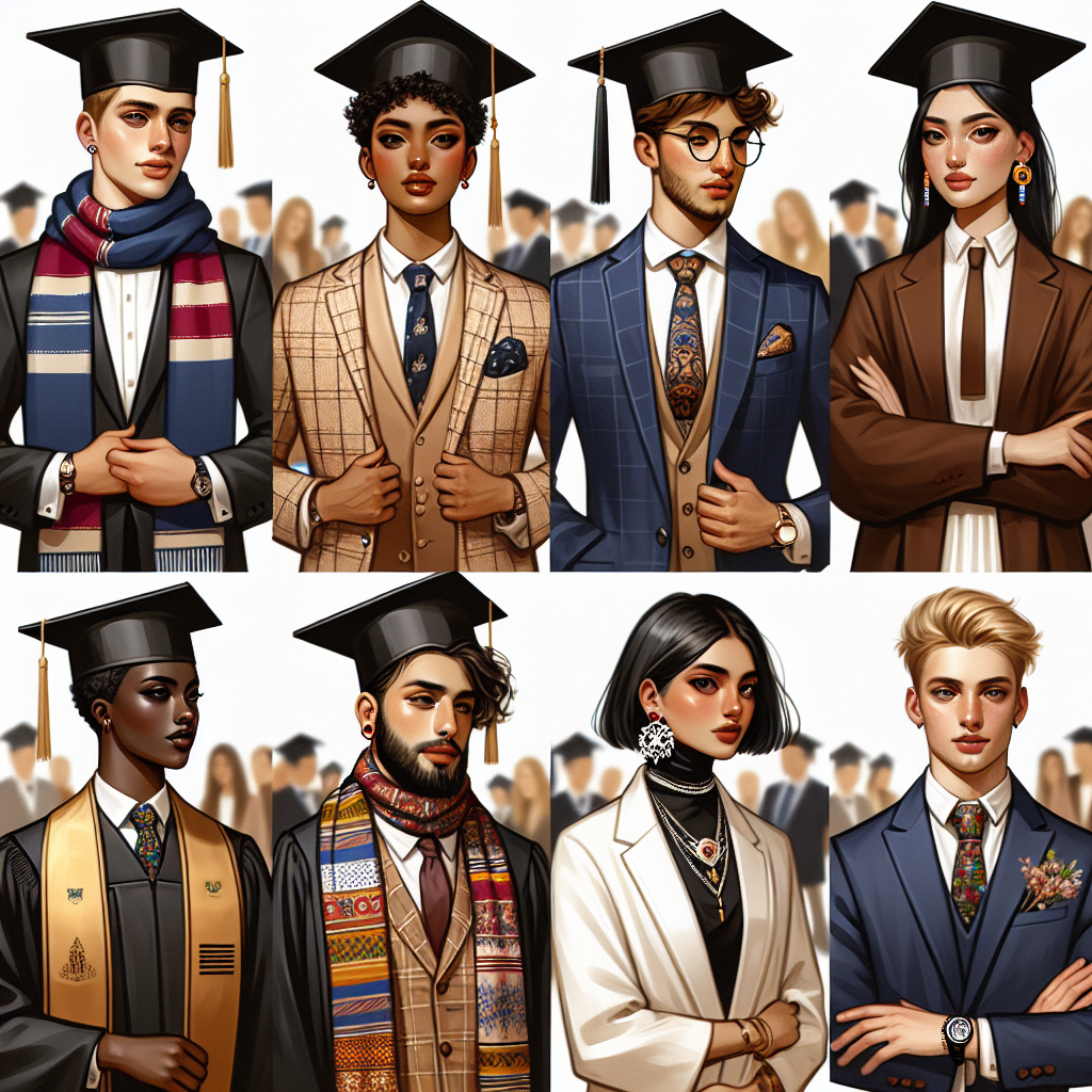 Graduation Style Guide: Must-Have Looks for Success Visualize a variety of graduation outfits styled for success. Portray an inclusive and diverse group of graduates with differing descents and genders, showcasing their graduation gowns embellished uniquely, thus reflecting their individual style. Include a Caucasian female wearing a trendy scarf, a Hispanic male with a classy tie, a Black female with a modern graduation cap design, a Middle-Eastern male with unique footwear, a South Asian female with ornamental earrings, and a white male with a stylish watch. Provide a glimpse of a graduation ceremony in the background, with emphasis on the graduates' fashion choices.