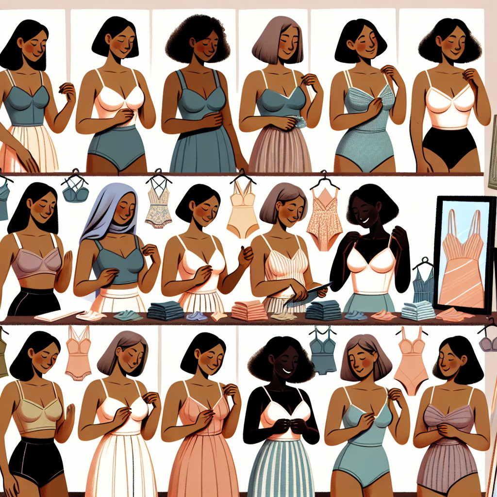 What to Wear Under a Low Cut Dress: Must-Have Styles Illustrate a comprehensive selection of different styles and options that a woman can wear under a low-cut dress. Depict a range of diverse women with different body types and descents such as Caucasian, Hispanic, Black, MiddleEastern, and South Asian trying on various undergarments like camisoles, bodysuits, bralettes, and bandeaus. Show the garments in a variety of colors and materials, to provide a full spectrum of possibilities. Display the women examining their choices in front of a mirror in a lighthearted, positive, and empowering atmosphere.