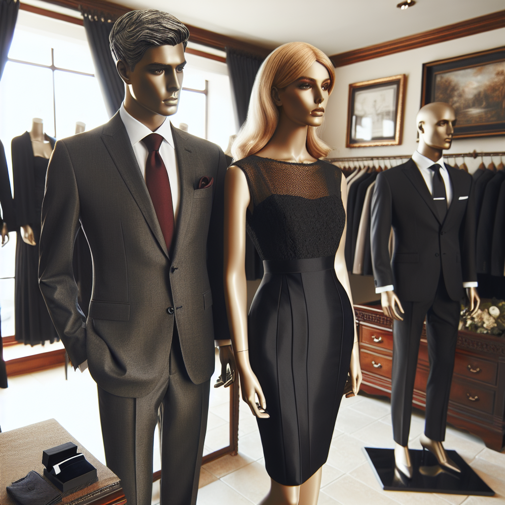 Memorial Service Attire: Effortless, Respectful Choices Picture a scene of a memorial service attire shop that offers outfits reflecting respect and effortlessness. Display mannequins dressed in suitable clothes. The mannequin on the left is a middle-aged South Asian man, wearing a subtle, yet elegant black suit with a deep burgundy tie. The mannequin in the center is a young Caucasian woman in a sophisticated black knee-length dress, adorned with a delicate pearl necklace. The mannequin on the right is a senior Hispanic man, styled in a charcoal grey suit that exudes dignity and grace. Depict the ambiance of the shop being warm and comforting.