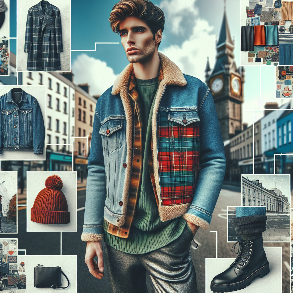 Must-Have Styles: What to Wear in Ireland with a Denim Jacket Conceptualize a richly colourful image that focuses on popular styles in Ireland. Picture a confident, fashion-forward individual in city surroundings, perhaps with iconic Irish landmarks in the background. The person is Caucasian, styling their cool, rugged denim jacket with a trendy outfit. This could include layered clothing to deal with Ireland's notoriously diverse weather. Imagine the denim jacket standing out, maybe having patches or tartan accents for an Irish touch. The person could have an array of accessories like chunky boots, woolly hats, or leather gloves, grounding the whole look into Ireland's urban fashion scene.