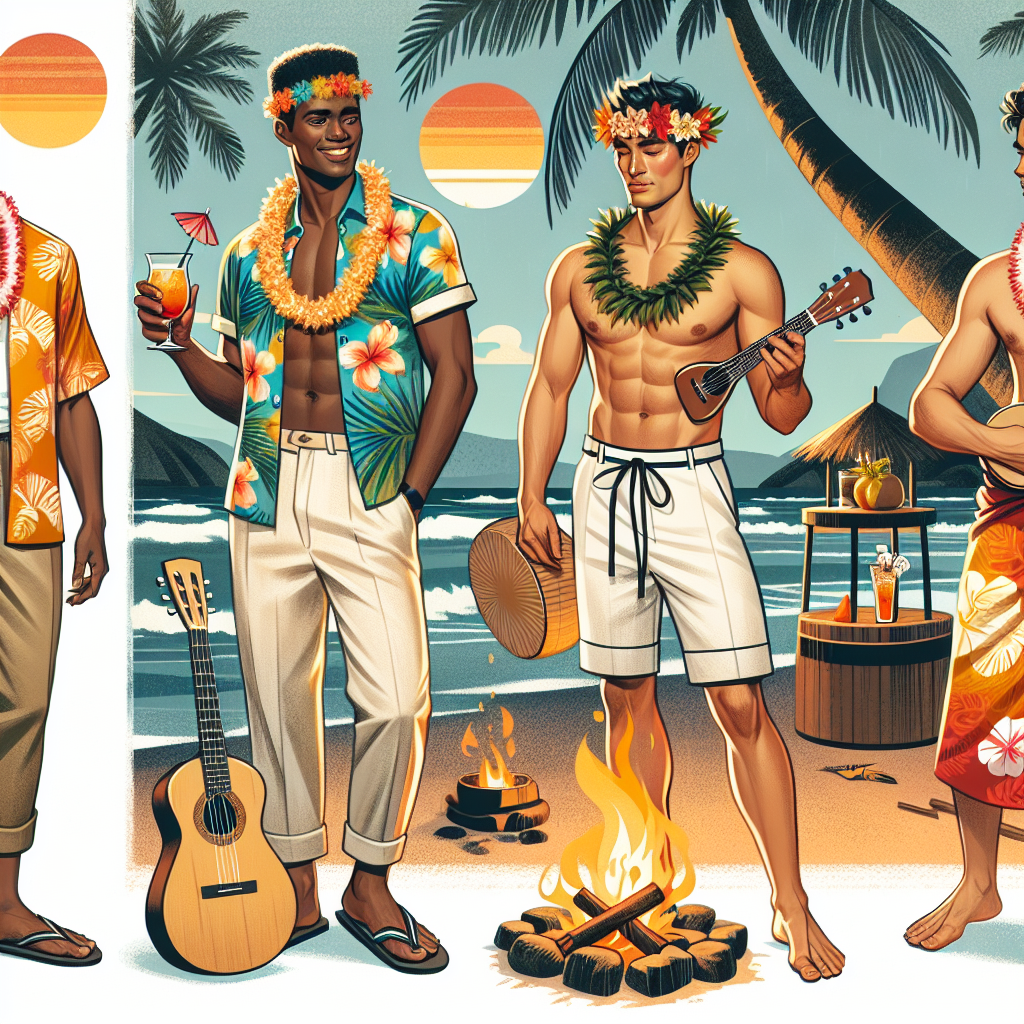 Luau Style Guide: Effortless, Must-Have Looks for Men A style guide illustration for a luau themed party showcasing must-have looks for men. These include an African man in a brightly colored Hawaiian shirt and khaki shorts, sipping a tropical drink under a palm tree. Next to him, a Hispanic man is seen sporting white linen pants and a floral lei around his neck, strumming a ukulele by a beach bonfire. In the background, an Asian man in a vibrant sarong, bare-chested with a monstera leaf headband, is doing a traditional Hawaiian dance. The scene is set in an idyllic beach with the sunset in the horizon.