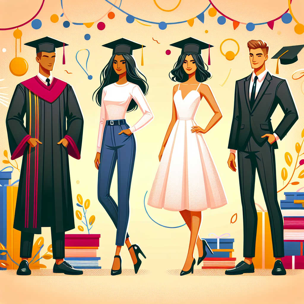 Stunning Graduation Outfits: Find Your Perfect Look! Create a vibrant and stylish image depicting four different graduation ceremony attires. The first should be a traditional cap and gown, worn by the South Asian male graduate. The second outfit is a chic business casual ensemble sported by a Black female graduate. The third, an elegant white dress worn by a Middle-Eastern female graduate. Lastly, a fashionable suit worn by a Caucasian male graduate. The background should set a cheerful mood signifying the festive spirit of a graduation ceremony.