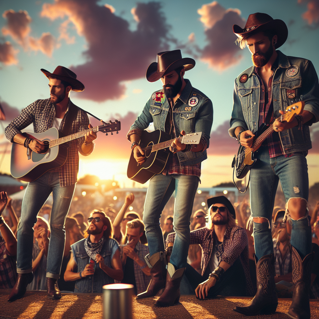 Country Concert Men's Guide: Must-Have Styles! An exciting outdoor country concert scene in the summer. The sun is setting, painting the sky with hues of pink and orange. Music is buzzing in the air. A few stylish men are standing out in the crowd, their fashion choices contemporary yet richly influenced by classic country styles. One man, of Hispanic descent, wearing a modern cowboy hat and a plaid shirt, is strumming a guitar. Another man, of Caucasian descent, with facial beard dons a denim jacket with badges, blue jeans, and boots. Finally, a third man, of Black descent, in a weathered leather jacket and a bandana, is tapping his foot to the rhythm.