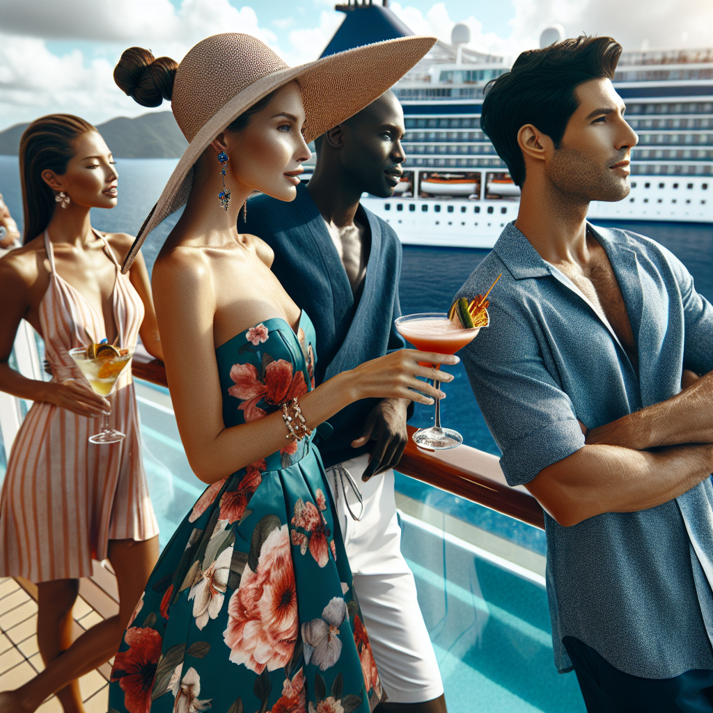 Cruise Essentials: Stunning Outfits for Poolside Glam Envision multiple people by a luxury cruise ship pool, each adorned in dazzling, classy attire suitable for a lavish poolside environment. A Caucasian woman dressed in a vibrant floral sundress paired with a wide-brimmed sunhat looks out towards the endless ocean. A Black man is clad in a stylish blue linen shirt and white shorts, cocktail in hand. A couple, a South Asian woman in a chic one-piece swimsuit and a French twist hairstyle, and a Middle-Eastern man sporting a trendy tropical shirt with khakis, are both engaged in a lively conversation. Add a touch of glamor with accessories like oversized sunglasses and statement jewelry.