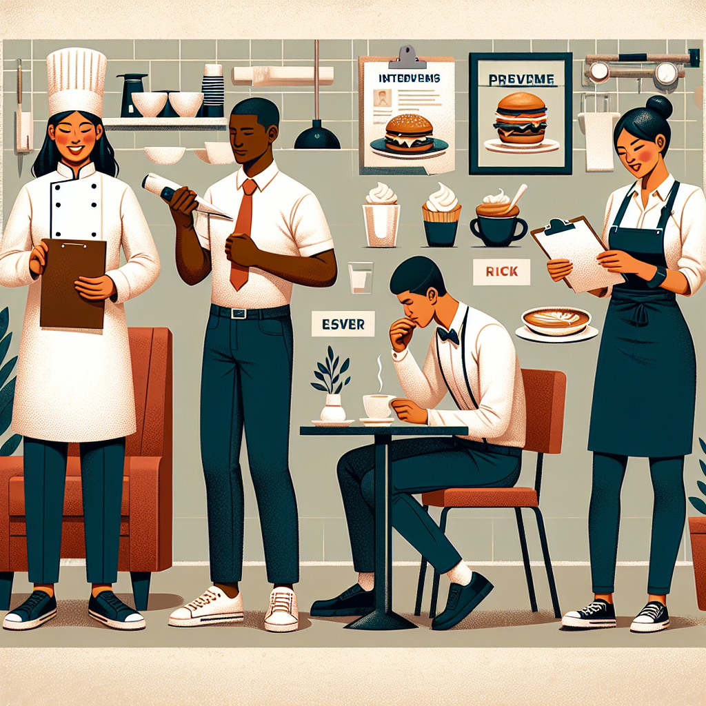 Food Worker Fashion Guide: Best Interview Attire Solutions An illustrative guide showing food workers preparing for interview, focusing on suitable professional attire. The first worker, a Hispanic female chef in a crisp white chef's uniform, is seen adjusting her toque and practicing answers. The second worker, a Black male waiter, is seen fastening his apron and pulling up his sleeves, exuding confidence. The third, an Asian female barista, is showcased in her trendy coffeehouse aesthetic, reviewing her resume and sipping on an espresso. The backdrop is a collage of varying kitchen types, reflecting the diversity in the food industry.
