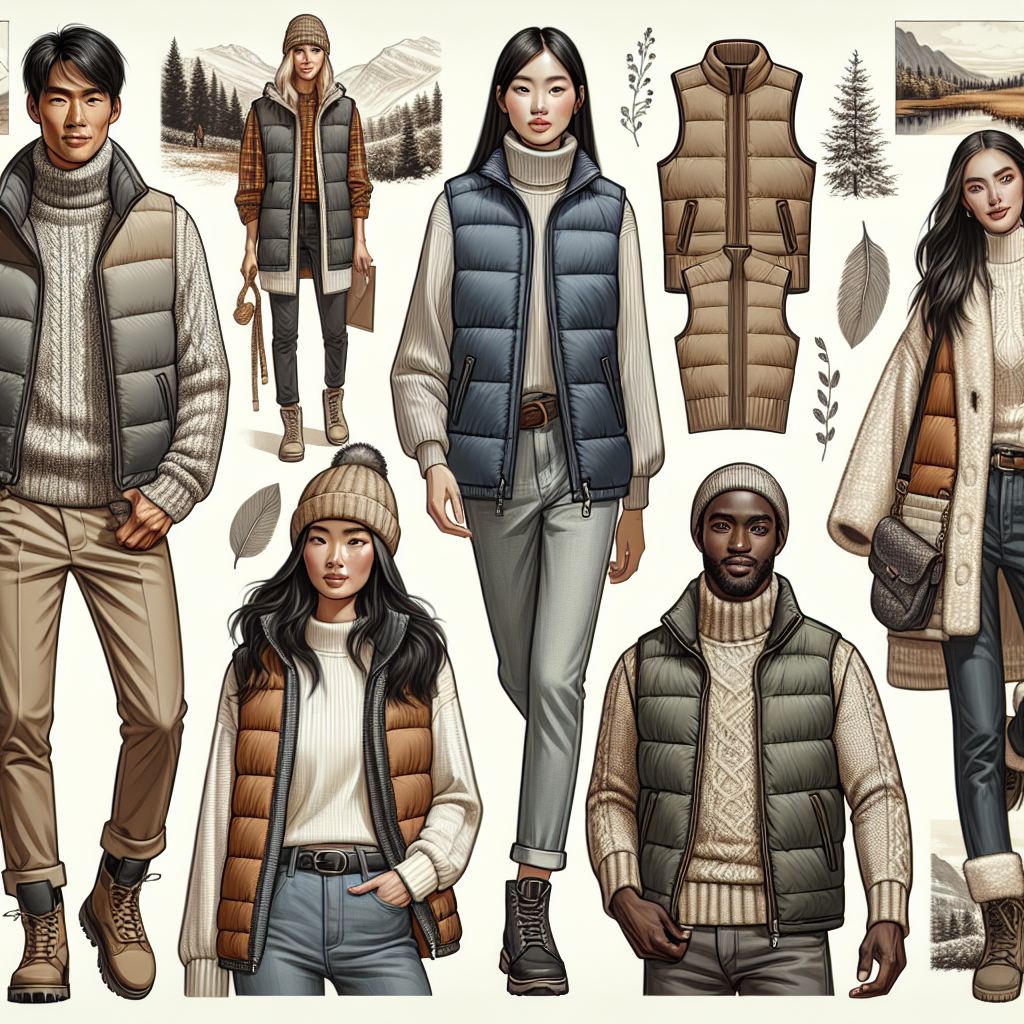 Must-Have Styles: What to Wear with a Puffer Vest Visualize a fashion-oriented image showcasing a variety of trendy styles for both genders complementing a puffer vest. The styles should cater to a number of different environments, weather conditions, and scenarios. There should be an Asian woman in a lively urban setting combining the puffer vest with a well-fitted turtle-neck and high-waist jeans. A Black gentleman on a hike, wearing the vest over a plaid shirt as well as a set of sturdy boots. A Middle-Eastern woman in a cozy café environment, coupling the vest with a soft cashmere scarf. And lastly, a Caucasian male in a snowy setting, sporting the vest with a beanie and winter gloves.