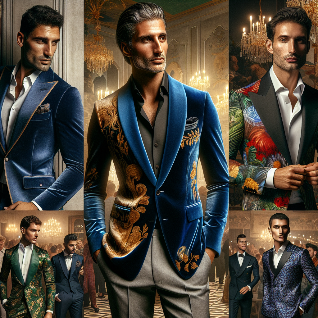 Stunning Blazers for Men: Dress Best for Your Party A fashion montage of men wearing different types of stunning blazers ready for a party. In the center of the montage, a Middle-Eastern man dons a stylish velvet blazer in night sky blue. To his right, a Caucasian man is seen with a slim-fit blazer in elegant charcoal grey. To his left, a South Asian man sports a vibrant print blazer, standing out amidst a crowd. Each man's outfit is tastefully complemented with matching accessories and attire. The background is a lively party scene with tasteful decor and cheerful guests.