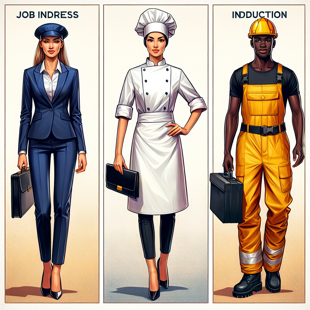 Stunning Job Induction Outfits: Dress to Impress A comprehensive fashion montage showing three job induction outfits suitable for various occupations. First, a Caucasian woman dressed in a professional navy-blue pantsuit, paired with a white blouse and black pumps, representing corporate attire. Second, a Black man in a stylish chef's uniform with a white apron and a black toque, signifying culinary industry dress code. Lastly, a Middle-Eastern woman wearing safety gear including a yellow hard hat, overalls, and safety boots, representative of an engineering outfit. This vivid scene brings to life the mantra 'Dress to Impress', each outfit elegantly tailored and high-quality, sure to impress at any job induction.