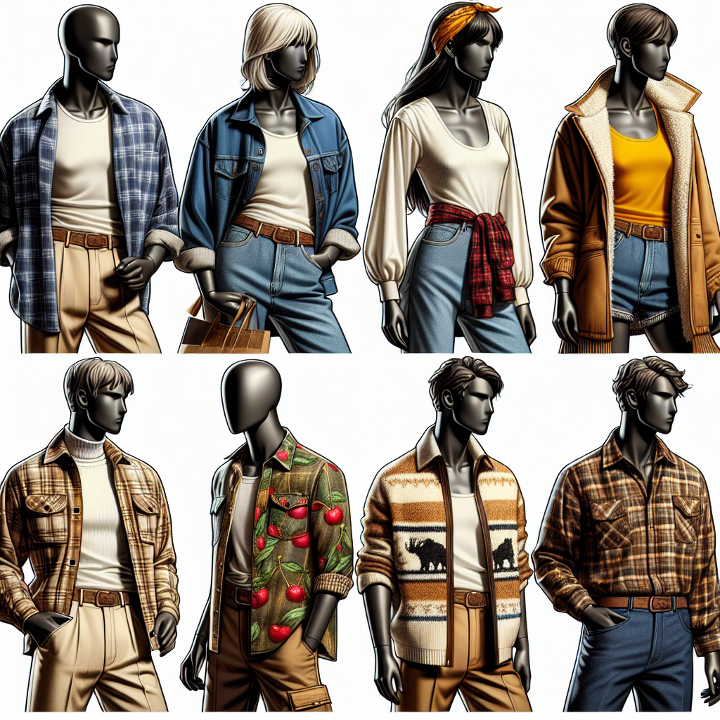 Must-Have Styles for Under-Flannel Fashion Elegance Depict a detailed shopping montage scene showcasing under-flannel fashion elegances. The scene presents various mannequins donned in cutting-edge attire, each paired with distinct flannel outerwear. Include a Black male mannequin dressed in a crisp white shirt paired with a cool dark-toned flannel jacket. Also, show a Hispanic female mannequin carrying off a vibrant yellow tank top coupled with a cherry-flavored, patterned flannel vest. Besides, present a Caucasian male mannequin showcasing an earth-toned rugged turtleneck encompassed by a vintage rancher-styled flannel. Ensure the flannel is complementary and enhances the outfits' overall aesthetics, promoting a sense of warmth, style, and comfort.