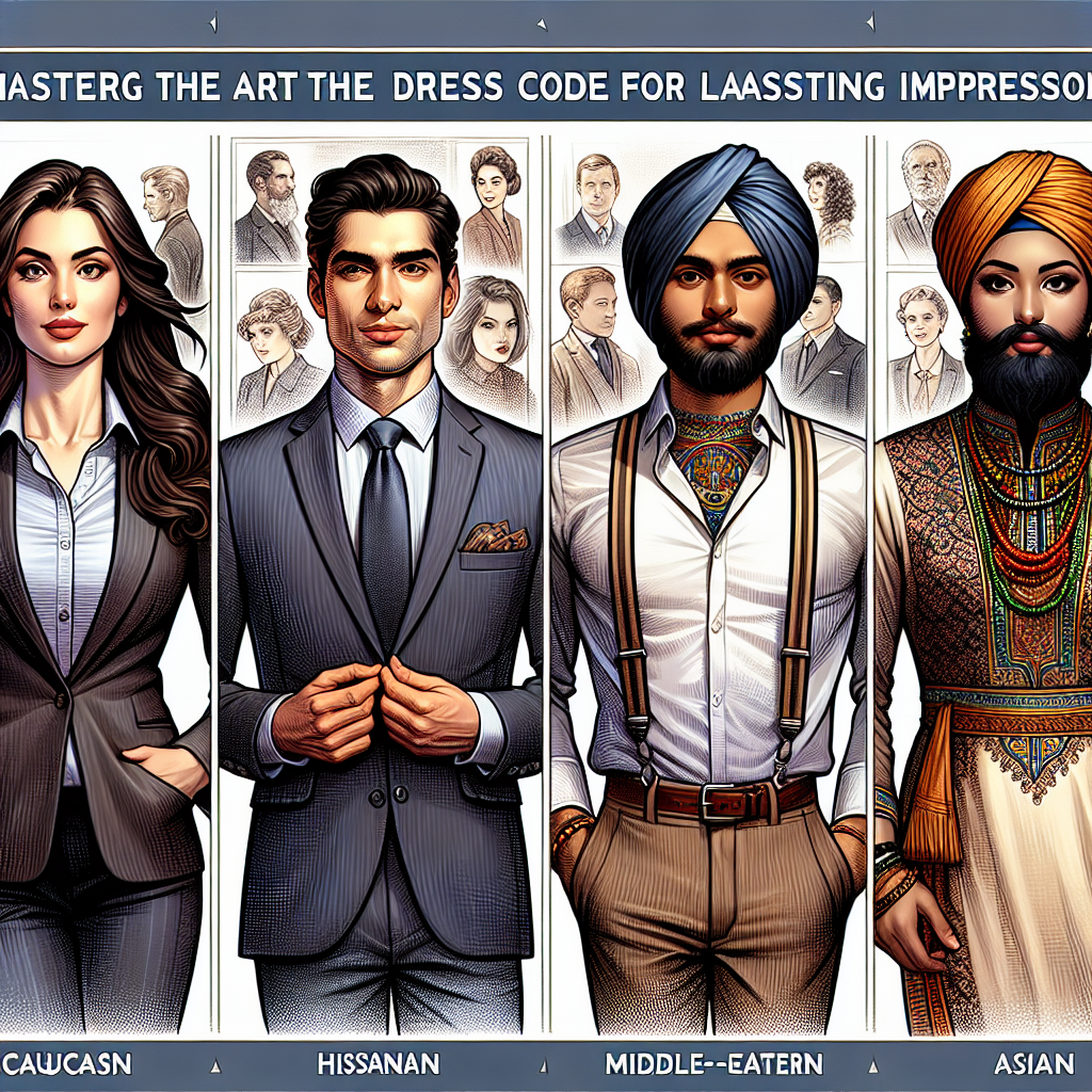 Dress Code Mastery: What to Wear for Lasting Impressions Visualize an image representing the concept of mastering the art of dress code for lasting impressions. Show a detailed scene featuring individuals of varied genders and descents: a Caucasian woman donning a polished, professional suit with neatly styled hair, a Hispanic man artistically wearing a casual outfit with a unique twist, a Middle-Eastern woman in an elegantly modern dress symbolizing cultural heritage, and a South-Asian man wearing a tasteful mix of traditional and modern attire. Emphasize that each individual is exuding confidence, uniqueness, and appropriateness in their chosen outfits.