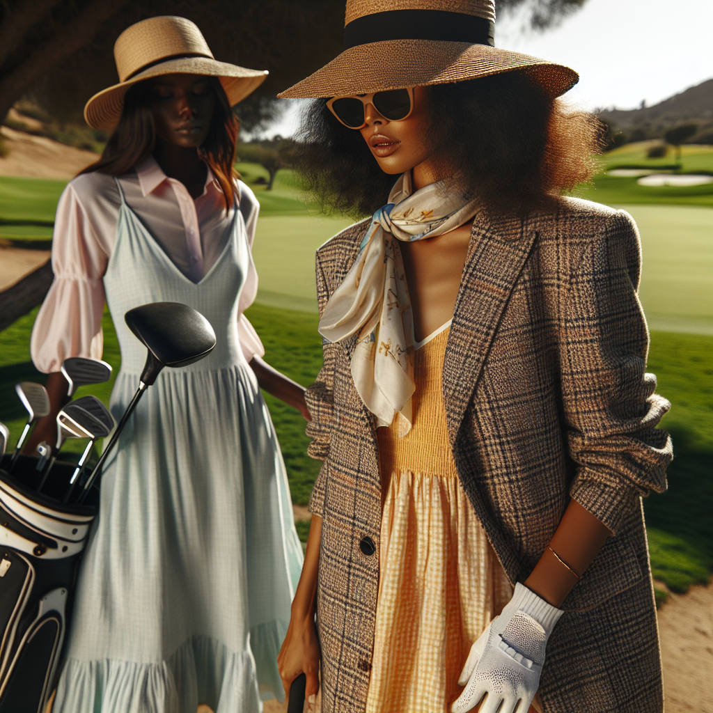 Imagine a mid-afternoon scene at a sunlit golf course. In the frame, we see two women preparing for a game of golf. One woman of Black descent is wearing a light, flowy sundress teamed with a stylish sunhat. She's coordinating it with a chic tweed jacket, perfect for the mild chill. The other woman, of South Asian descent, is donning a bright sundress with a contrastingly cool silk scarf draped around her shoulders. Accessories like sunglasses, golf gloves, and golf clubs complete their fashionable golf course looks. The overall vibe is casual yet seriously stylish - perfect for golfing enthusiasts.
