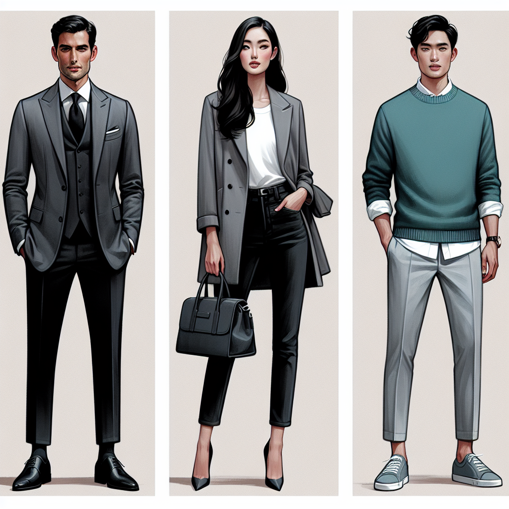 Illustration of a fashion style guide. Feature three different looks that go well with a charcoal grey jacket. First, picture a Hispanic man in an elegant combination of a grey jacket, crisp white shirt, dark tie, and black trousers. Second, visualize an Asian woman in a casual outfit: a grey jacket, white t-shirt, and dark blue jeans, accessorized with a small leather handbag. Lastly, show a Middle-Eastern man wearing a grey jacket in a creative combination with a turquoise sweater and light-colored chinos. This is an effortless style guide for both formal and casual occasions.