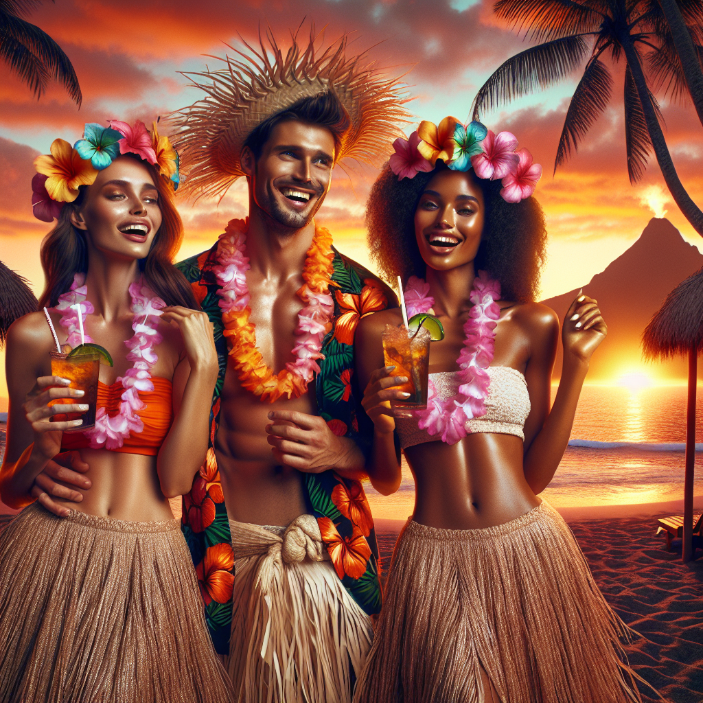 Stunning Luau Outfits: Radiate Effortless Style in Hawaii Imagine a Hawaiian luau scene at sunset with three people, a Caucasian woman, a Middle Eastern man, and a Black woman, draped in magnificent traditional Hawaiian outfits expressing effortless style. Their attires comprise colorful Hawaiian shirts, sarong, and hula skirts, adorned with leis around their necks. The vibrant shades of hibiscus flowers and palm leaves echo in their clothes. They are laughing, holding tropical drinks, dancing against the backdrop of a thatched tiki hut, palm trees, an erupting volcano in the distance, and a breathtaking sunset illuminating the sky with a palette of oranges, pinks, and purples.