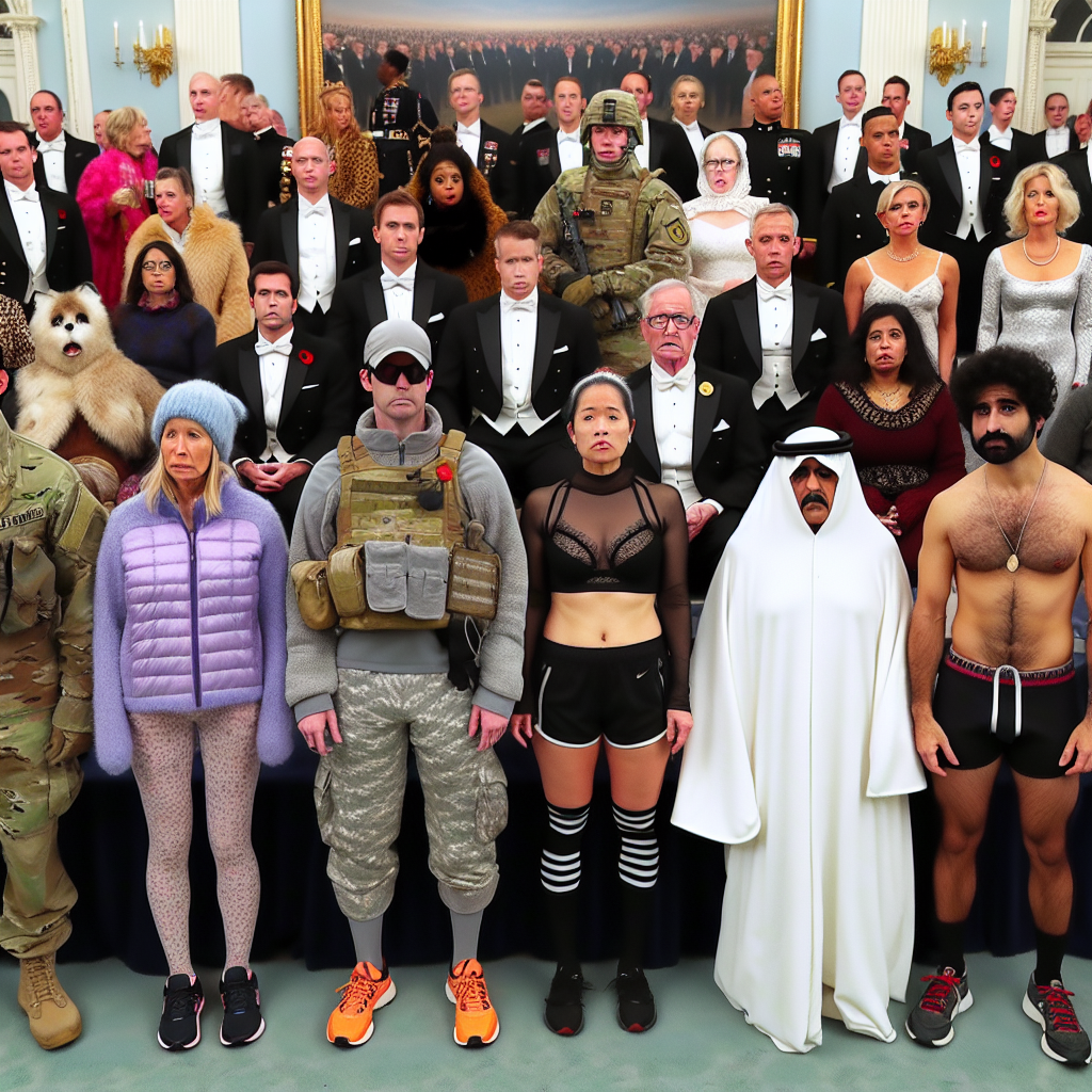 Exclusive Guide: What NOT to Wear to a Military Ball Create an image for an article, showcasing a variety of inappropriate outfits for a formal military event. Depict an array of people of different genders and descents, all dressed in the wrong attire. Include a man in casual beachwear, a woman in athletic running gear, and another man in a Halloween costume. Furthermore, illustrate a woman in heavy winter clothing and a South Asian man in lounge pyjamas. The setting is a grand military ballroom filled with people in proper uniforms, looking surprised and uncomfortable with the ill-dressed individuals.