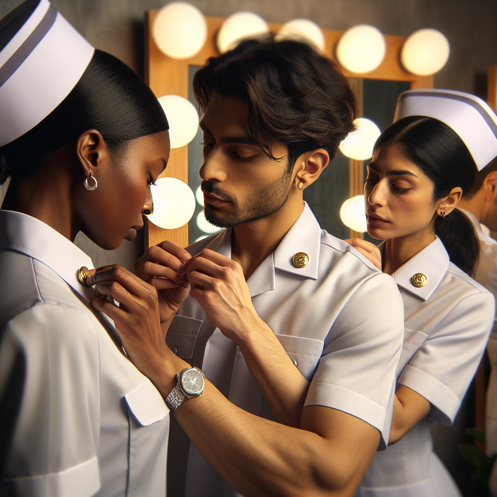 Stunning Outfits for Your Nursing Pinning Ceremony Create an image that captures a diverse group of nursing students preparing for their pinning ceremony. Show a South Asian male nurse adjusting a silver pin onto the collar of his white uniform, a black female nurse checking her reflection in a mirror as she straightens her crisp cap, and a Middle Eastern female nurse carefully positioning her golden pin on her uniform. Include details like the glint of the pins, the pride in their postures, and the anticipation in their expressions. Background could consist of a dressing room adorned with soft lighting enhancing the overall serene mood of the scenario.