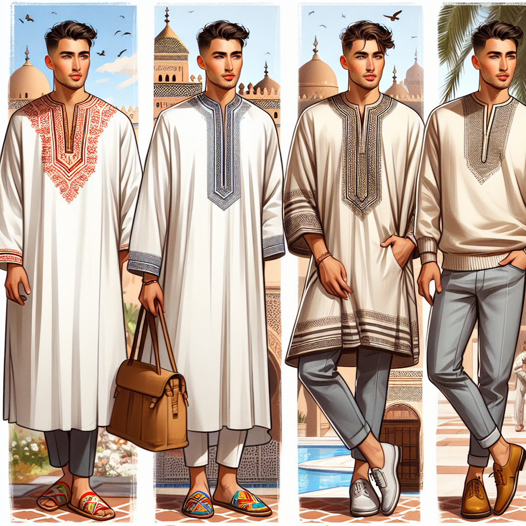 Stunning Morocco Date Outfits for Men: Effortless Style An illustrative representation showcasing fashionable Moroccan-inspired date outfits for men. The image should display a South Asian man garbed in a classic white Moroccan Djellaba paired with colorful traditional slippers. Next to him, a Hispanic man is seen wearing a modern take on the Gandoura with denim jeans and a pair of stylish loafers. A third depiction should be of a Middle-Eastern man stylishly adorned in a Kaftan coupled with a pair of leather boots. Each of these outfits should embody an aura of effortless style and sophistication. Include balmy Moroccan architecture and scenery in the background for an authentic feel.