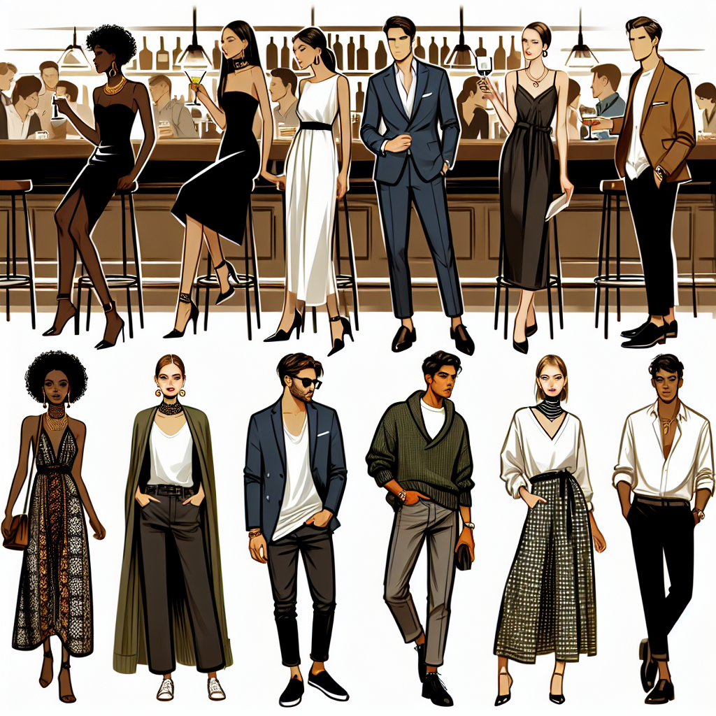 What to Wear to a Bar: Stunning, Effortless Picks Design a bustling bar scene filled with fashion-forward individuals showcasing a variety of impressive and effortless commodities. Describe a person wearing a sleek, black dress paired with a distinct mild gold necklace, a gentleman in a tailored navy blue blazer over a simple white tee and dark jeans, an individual wrapped in a cozy olive green cardigan over a stylish patterned maxi dress, and another sporting a fitted white button-down shirt with black trousers. Include a blend of ethnicities including Black, Middle-Eastern, Hispanic and White people, ensuring the presence of both genders.
