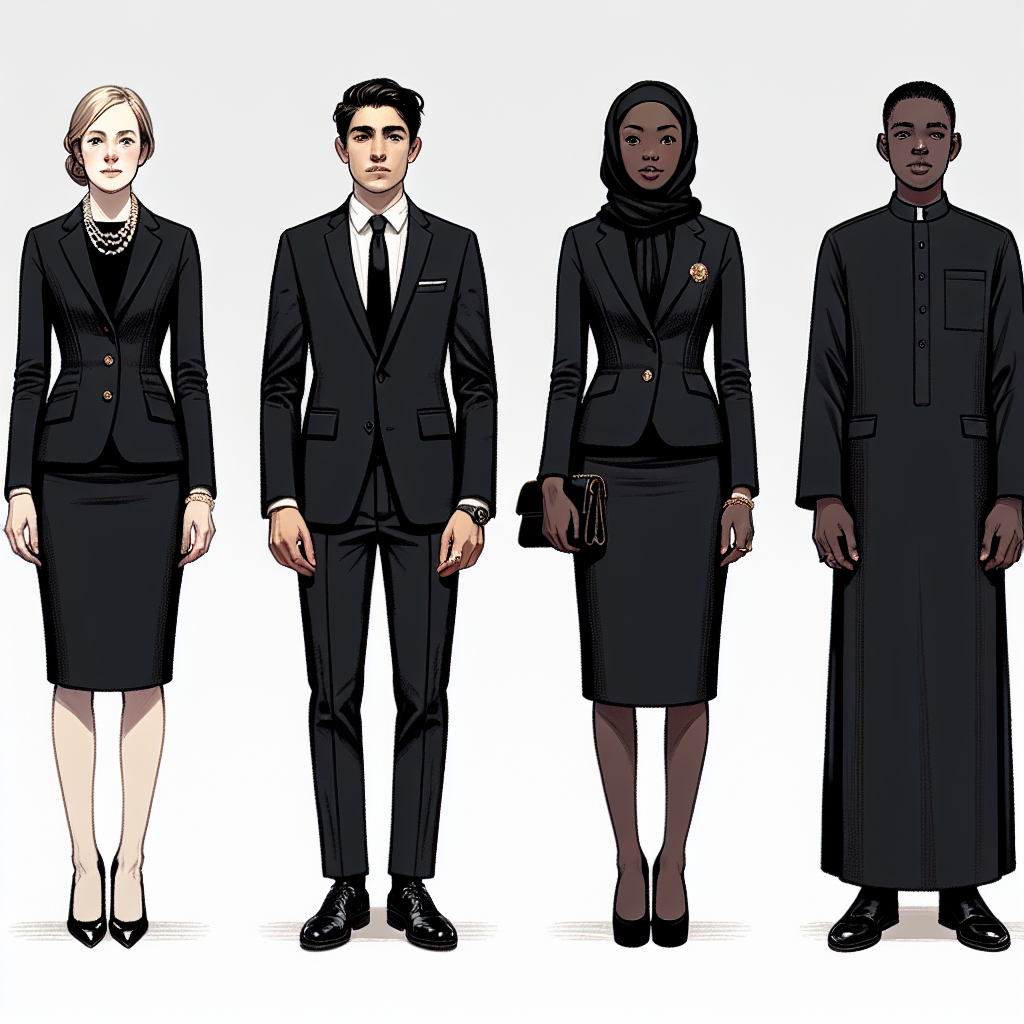 Funeral Outfits: Elegant Choices for Solemn Moments An image depicting a variety of funeral outfits. The image should depict 4 individuals, each of different descents – Caucasian, Hispanic, Black, and Middle-Eastern, respectively. The first person, a Caucasian woman, is wearing a tailored black dress suit with a small brooch. The second person, a Hispanic man, is clad in a classic black suit with a crisp white shirt and black tie. The third person, a Black woman, is donning an understated black midi dress accompanied by a modest pearl necklace. The fourth person, a Middle-Eastern man, is shown in a refined black kurta and trousers. Each outfit should embody elegance and respect, suitable for solemn occasions.