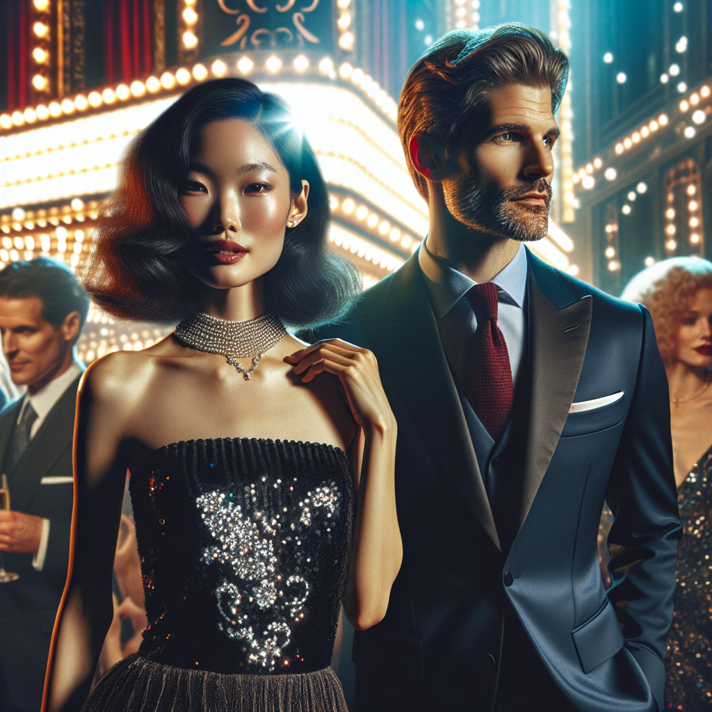 Stunning Outfits for a New York Broadway Show: Effortless Style! Imagine the most dazzling scenes at a high-end New York Broadway show's opening night. In the foreground, we see an East Asian woman in a sequin black cocktail dress complimented by a chic pearl necklace. Next to her, there is a Caucasian man, donning a tailored navy-blue suit with a bold red tie. In the background, hints of other theater-goers in elegant attires fill the scene, the vibrant lights of the theater marquee illuminating them. The atmosphere is effervescent and sophisticated, reflecting the grandeur and allure of Broadway's timeless style.