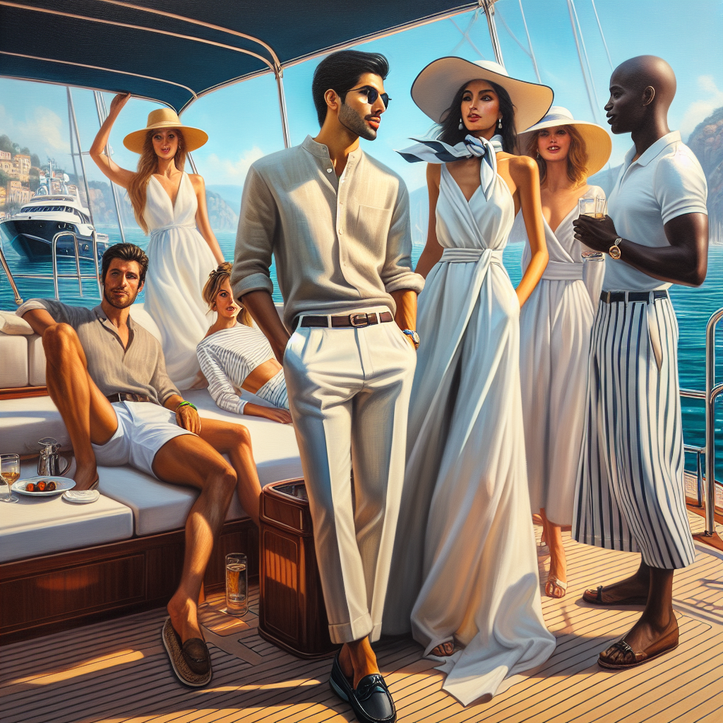 Yacht Party Attire: Stunning, Effortless Styles for You A painting-like scene at a yacht party on a sunny day, showcasing guests in their stunning yet effortless yacht-appropriate attires. In the foreground, a South Asian man casually leans against the yacht's railing, wearing a light linen shirt with tailored shorts and boat shoes. Next to him, a Caucasian woman stuns in a flowing white maxi dress paired with a wide-brim sun hat and sandals. Across from them, a Middle-Eastern woman, effortlessly chic in a sleeveless jumpsuit and wedges, shares a laugh with a Black man in a sleek nautical-striped polo shirt and chinos. The atmosphere is lively and elegant, with the clear blue water reflecting off the gleaming yacht.