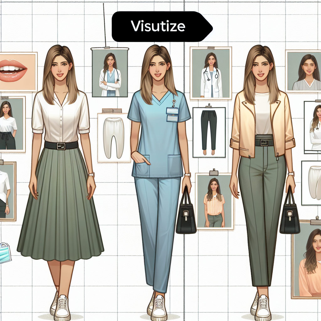Must-Watch Styles: Effortless Outfits for Dentists Visualize a series of outfits intended for dentists. Consider professional attire along with casual and trendy options. Picture one outfit as a traditionally professional dentist's uniform, this could be worn by a Caucasian female dentist. Then visualize another outfit, consisting of a business casual style, portrayed by a Hispanic male dentist. Finally, imagine a modern, casual look fit for a day off, portrayed by a South Asian female dentist. All outfits should communicate an effortless and stylish vibe, ensuring comfort and utility in a dental office's environment.