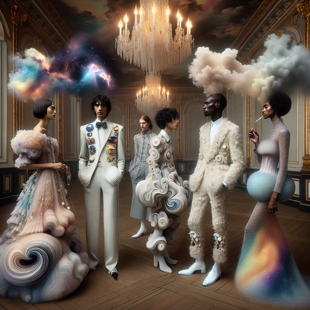 Exclusive Guide: Best Outfits for a Surrealist Party Imagine stepping into a grand room filled with mystique and imagination. A fashion-forward crowd engages in lively conversations under a chandelier's gentle glow. The eccentric attire perfectly embodies surrealism, with an ensemble of Mexican woman wearing dress with odd-shaped pockets that hold tiny galaxies, a black Middle-Eastern man in a tuxedo that morphs into tendrils of smoke, a South-Asian man wearing a shirt made of shifting cloud patterns, and a white woman in a gown made of cascading, pearlescent rainbows. Their outfits are a woven tapestry of whimsy and unpredictability, a perfect accompaniment to the surrealist environment of the party.