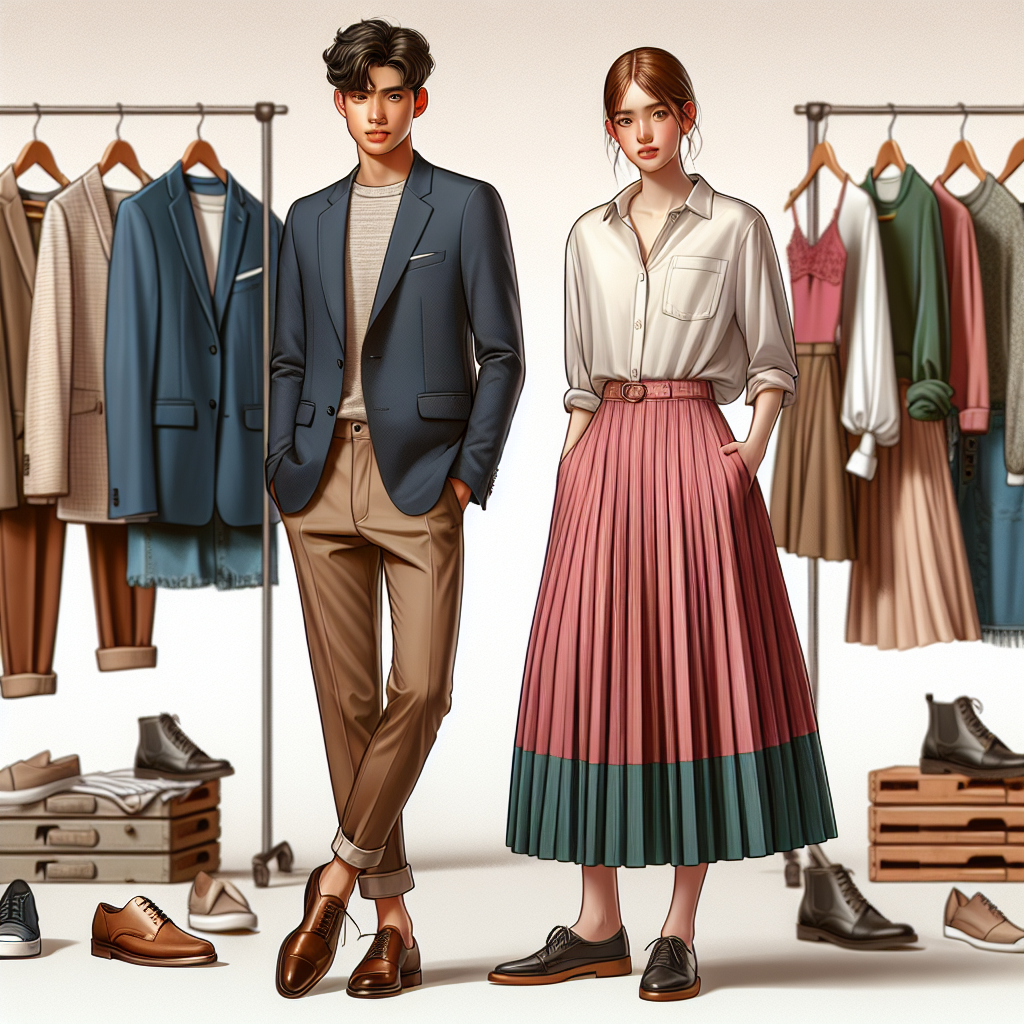 Stunning Interview Outfits for Teens: Effortless Style An array of stylish and professional attire suitable for teenage job interviews. On one side, a South Asian teenage boy dons a sleek navy blazer with a crisp white shirt, matched with khaki chinos and gleaming brown leather shoes. Meanwhile, a Hispanic teenage girl stands confidently in a vibrant, midi-length A-line skirt combined with a tucked-in, muted blouse and sophisticated flats. Behind them, an array of similar outfits hanging neatly on a clothes rack, showcasing an assortment of colours and designs perfect for both genders. An atmosphere of effortless and youthful chic prevails the scene.