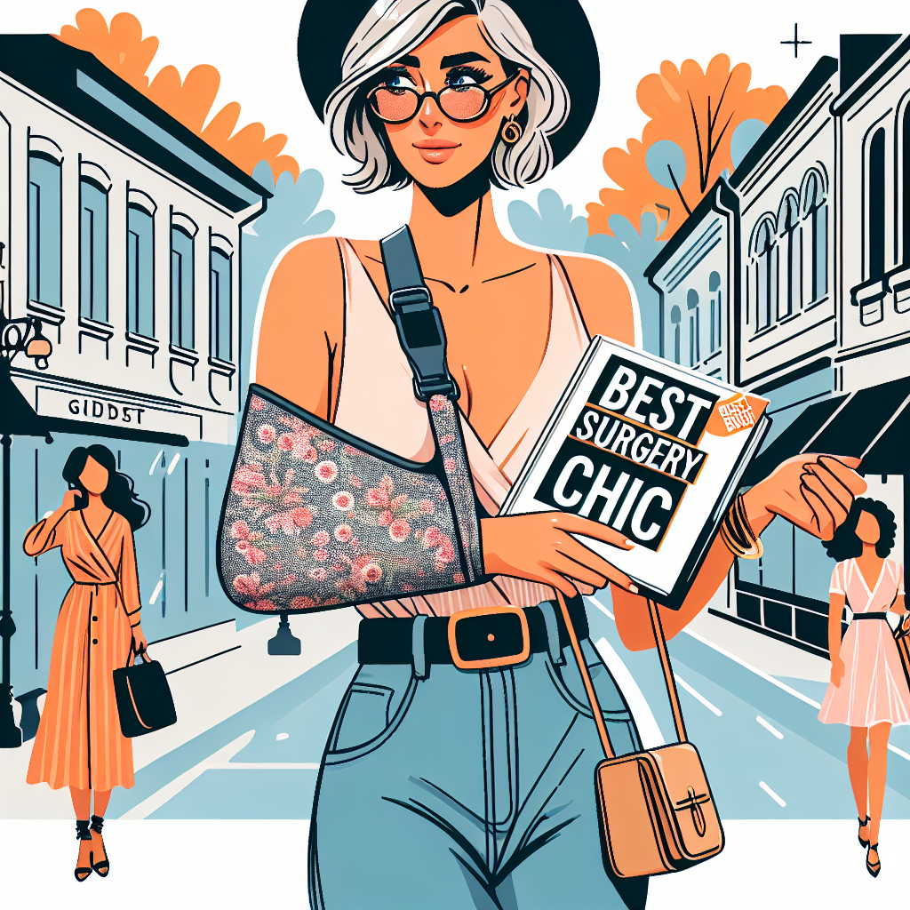 Exclusive Guide: Best Post-Surgery Chic with a Sling Design a fashion oriented illustration displaying a middle-aged Caucasian woman with her arm in a chic, patterned sling. Show her in a stylish, streetscape setting, wearing modern yet comfortable attire for post-surgery recovery. Her other hand is holding a guidebook titled 'Best Post-Surgery Chic' - its cover is bright and catchy. She walks confidently, embracing her situation with a positive attitude. A few others are seen admiring her style, showing that this isn't a barrier to being fashionable.