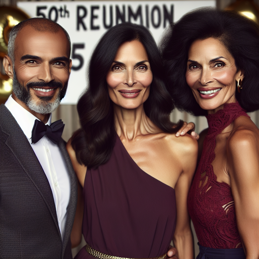 Stunning Outfits for 50th Reunion: Find Yours! Visualize a 50th reunion event backdrop. In focus should be three protagonists of diverse backgrounds, a Middle-Eastern male, a Hispanic female, and a Black female, all looking radiant and comfortable in their 50s. The Middle-Eastern man is wearing a stylish charcoal grey suit with a bow tie. The Hispanic woman is in a chic maroon dress with delicate lace details. The Black woman is dressed in an elegant navy blue jumpsuit with gold accessories. Their confident smiles, twinkling eyes, and stunning outfits reflect their joy and excitement for the reunion.